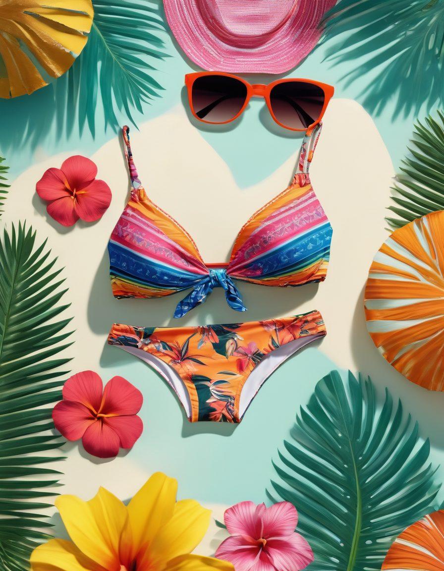 A colorful collage of stylish swimwear pieces, featuring designer bikinis and trendy one-pieces in various patterns and colors, set against a sunny beach backdrop. Include sunglasses, beach towels, and tropical flowers to enhance the summer vibe. Emphasize a luxurious yet playful atmosphere, showcasing diversity in swimsuits. vibrant colors. summer aesthetics. 3D.
