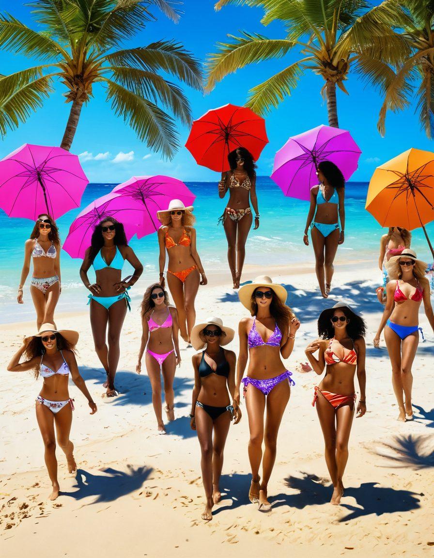A glamorous beach scene featuring a diverse group of fashionable women showcasing trendy bikinis and chic beachwear. Include vibrant beach umbrellas, crystal clear water, and golden sand, with palm trees swaying in the background. The women should be laughing and having fun, exuding confidence and style. Add luxurious accessories like sunglasses and sun hats to enhance the lavish atmosphere. super-realistic. vibrant colors. beach ambiance.